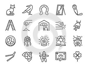 Superstitions icon set. It included icons such as crow, cat, ladder, broken mirror, salt, and more.